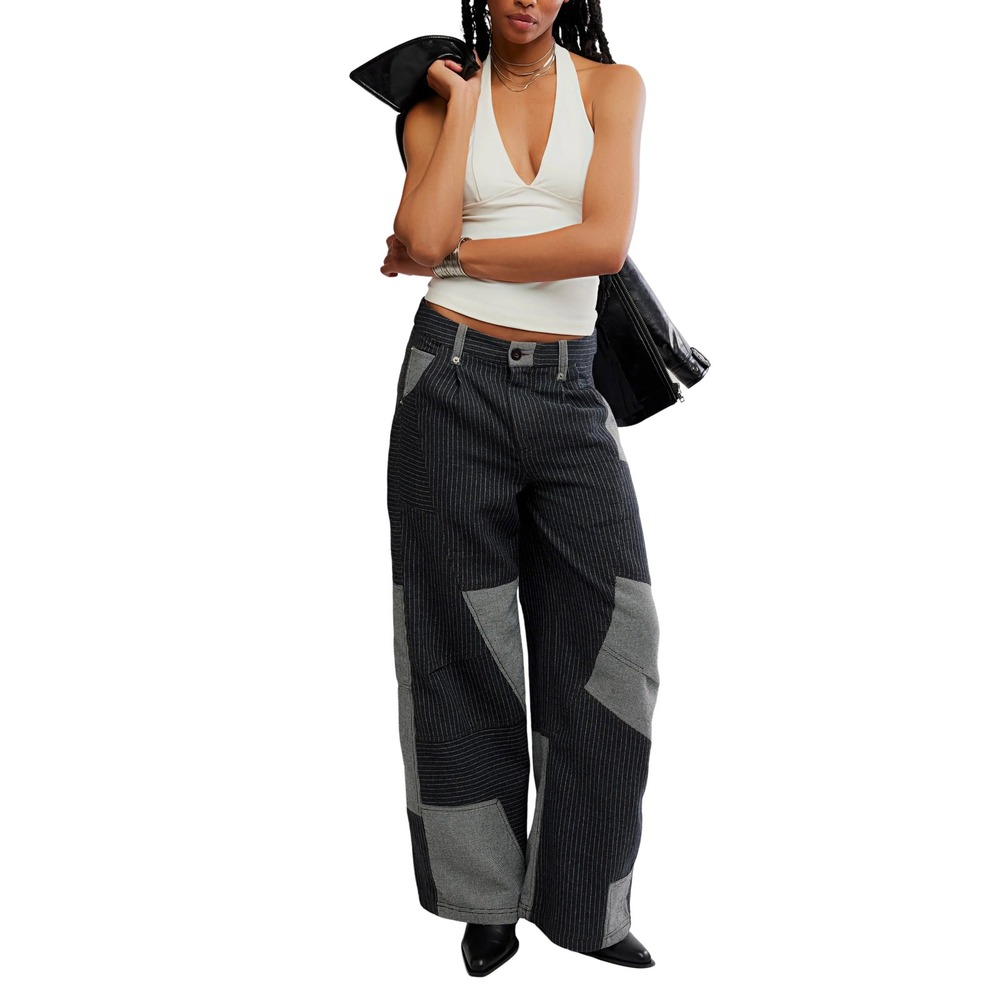 Free People Women This or That Patchwork Wide Leg Pants Black Combo Boho Grudge